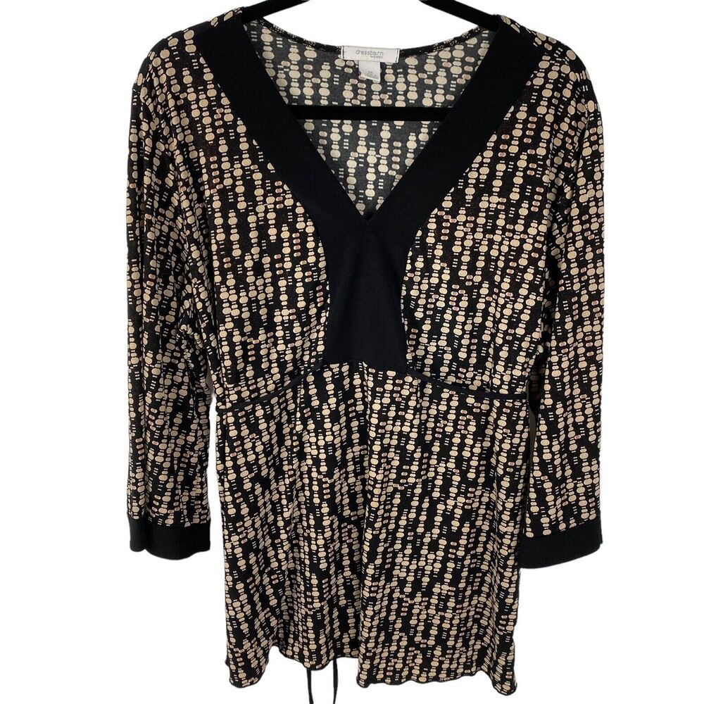 Dressbarn Stretchy Tunic Top Blouse Size 3X Black/Beige Print V-Neck 3/4 Sleeves